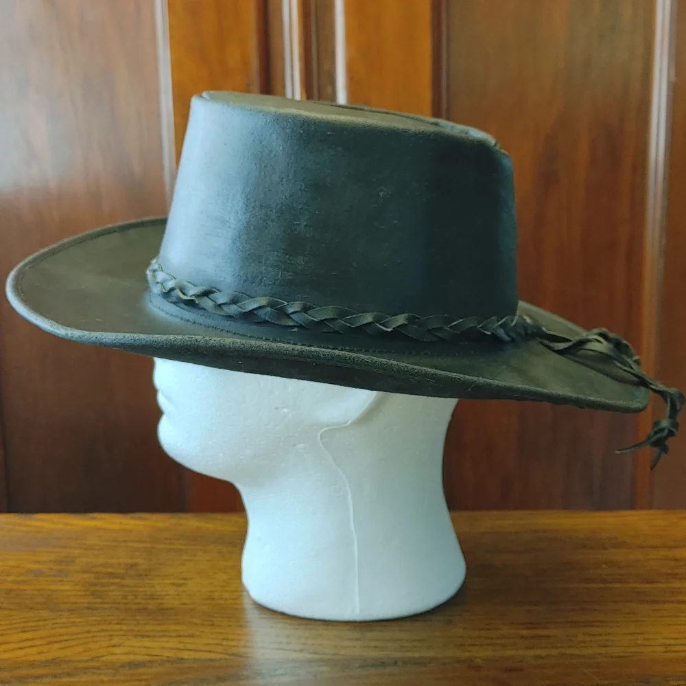 VINTAGE Black Leather Cowboy Hat US size M (abt 7-1/8 - 7-1/4) HANDMADE EC